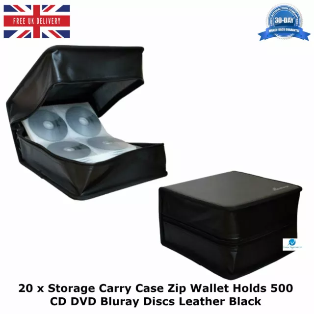 20 x Storage Carry Case Zip Wallet Holds 500 CD DVD Bluray Discs Leather Black