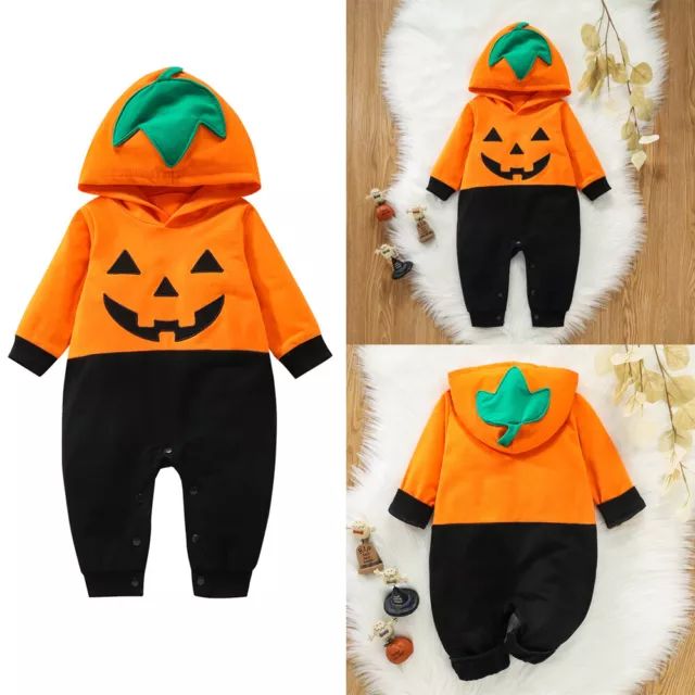 Costume Romper Bambini Bambine Ragazzi Abiti Zucca Halloween Cappuccio Abiti Regno Unito