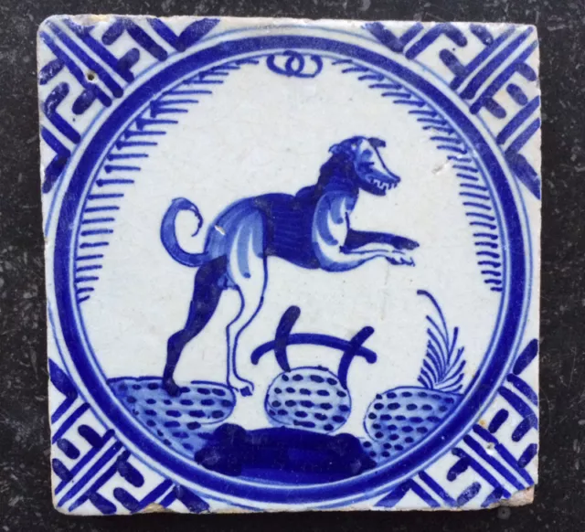 Antique Superb Rare Dutch Delft Tile Jumping Dog Circa 1625 ‘’Kroontjes tegel