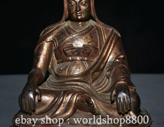 9.6" Old Chinese Pure Bronze Gilt Buddhism Je Tsongkhapa Statue Sculpture 3