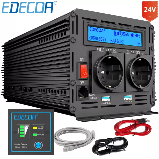 EDECOA Convertisseur 24V 220V 3000W 6000W Onduleur LCD USB Inverter V3.0