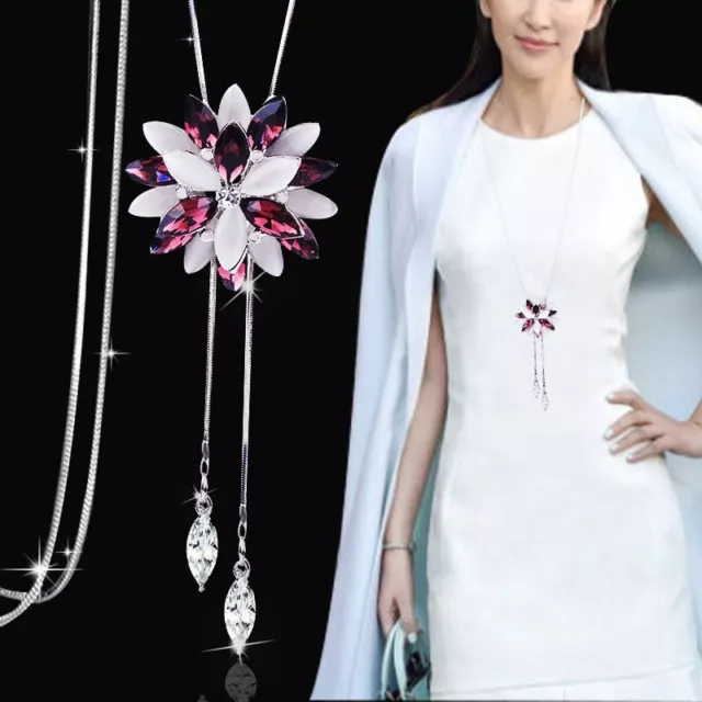 Women Zircon Long Necklace Opal Flower Pendant Crystal Rhinestone Necklaces 1Pc