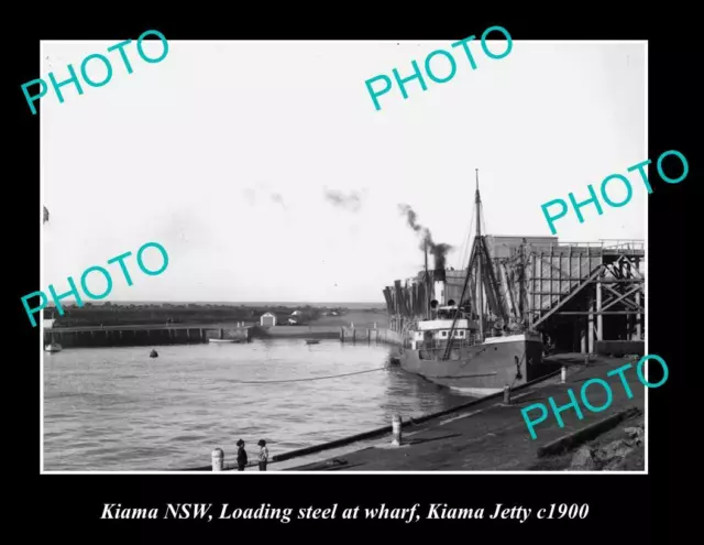 OLD LARGE HISTORIC PHOTO OF KIAMA NSW, LOADING STEEL AT WHARF c1900