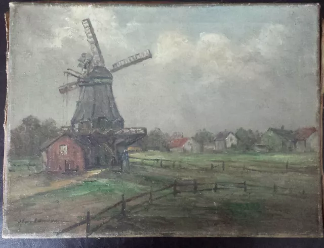 Orginal Ölgemälde signiert wohl Hartmann Landschaft Holland Windmühle antik