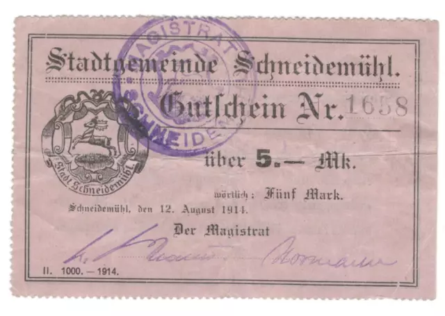 Schneidemühl ( Pila ) Posen - Magistrat - 5 Mark - Dießner 358.6 #20439