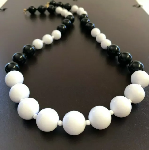 Vintage Monet Bead Necklace Black White Round Beads Statement Chunky Long Strand