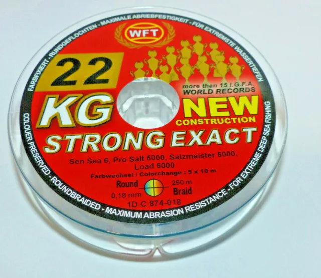 0,159€/m WFT 22KG MULTICOLOR STRONG EXACT geflochtene Angelschnur  0.18mmØ 250m