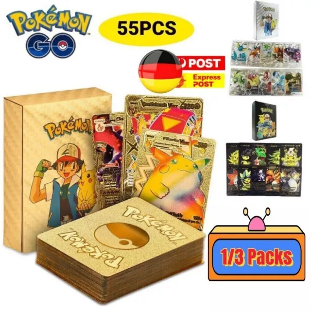 55Pcs für Pokemon Karte Metall Silber Gold Mint Vmax GX Deutsch Sammlung Boxen