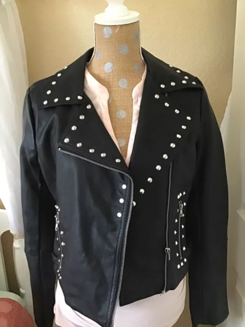 Women’s Black leather Bomber biker Jacket studded spikes punk style Medium