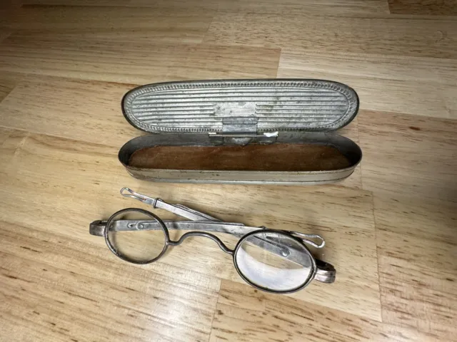 Antique Spectacles 19th Century W/ Metal Case William Beecher Adjustable Arms