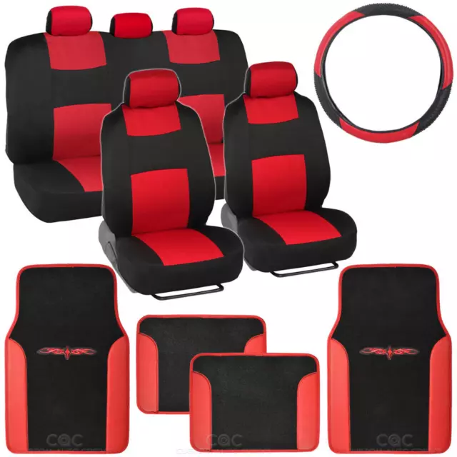 14PC Full Set 2-Tone Black Red Full Bench Seat Covers +Vinyl Trim Floor Mats