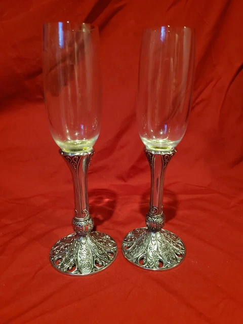 Toasting Champagne Flute Silver Base Pewter Ornate Vintage Wedding Glasses