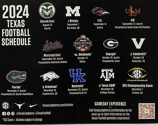 2024 TEXAS LONGHORNS UT Schedule 🏈 College Football Sked NEW‼️RUDYS‼️