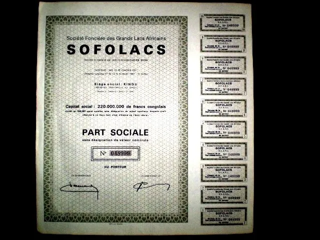 Société Foncière  Grands Lacs Africains SOFOLACS  share certificate1962