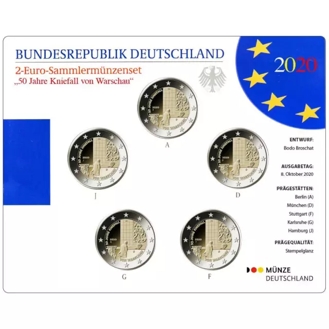 Deutschland 2 Euro Kniefall von Warschau Satz 2020 - ADFGJ - in Blisterkarte ST