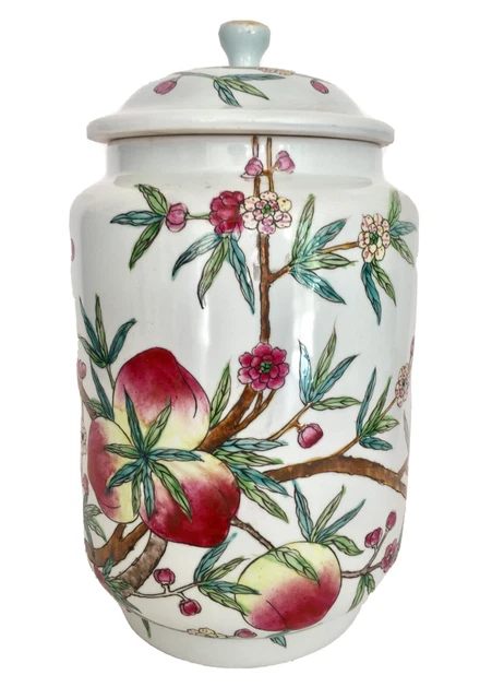 Pot couvert ancien, porcelaine Japon, peint à la main décor de pêchers