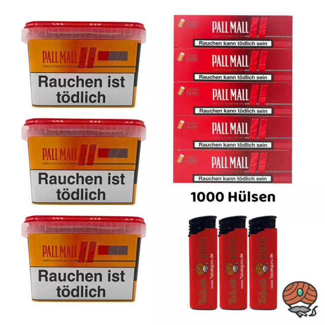 Pall Mall Allround Mega Box Tabak 3x à 135g, Pall Mall Hülsen, Feuerzeuge