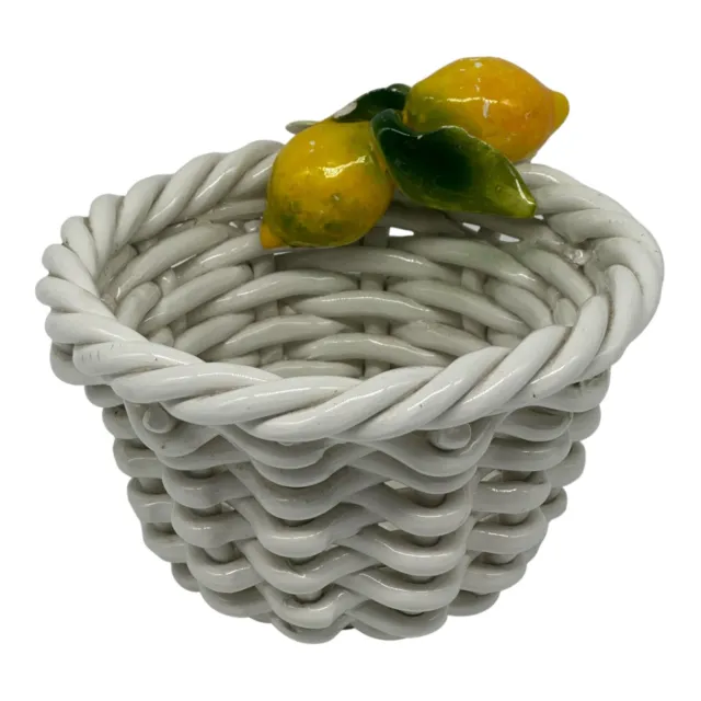 Vintage Capodimonte Woven Lattice Porcelain Basket With 2 Lemons  5.5” Tall