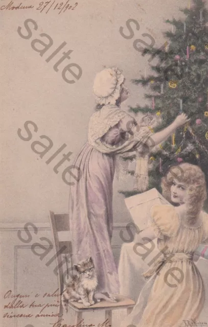 A53-50 Cartolina Illustrata Auguri Natale Albero Donne Gattino Viaggiata 1902