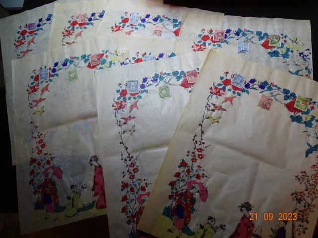 8 Blätter feines Papier japanischen Ursprungs mit Briefmarken++