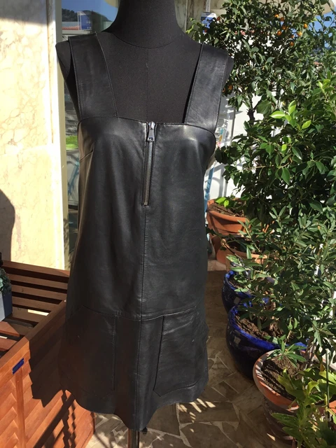 Robe En Cuir D'agneau Noir - Taille FR 36-38 (M) - Style Moulant Genou - Occasion Très Bon état