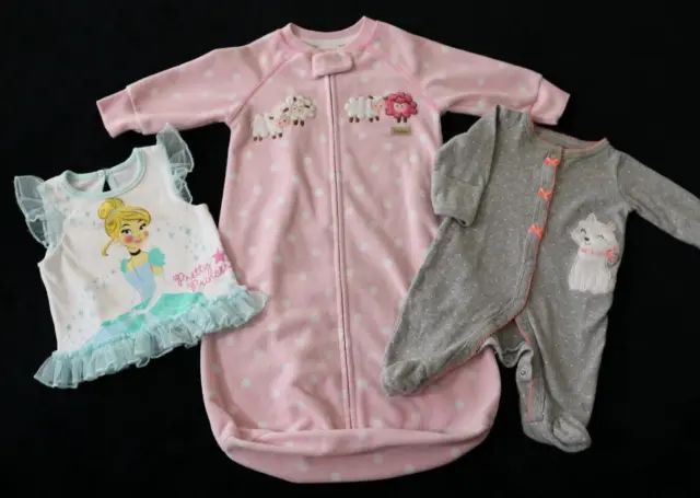 Baby Girl's Outfit Pajama Pink Sleep Sack Lot of 3 Size NB 0-3-9M Disney Carters