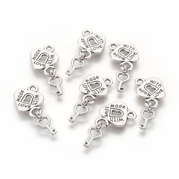 10 Stück Anhänger 12x5mm Charms Herz mit Schlüssel Antiksilber - 2456