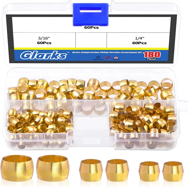 180Pcs Tube OD 3/16" 1/4" 5/16" Brass Compression Sleeves Ferrules, 3 Size Brass