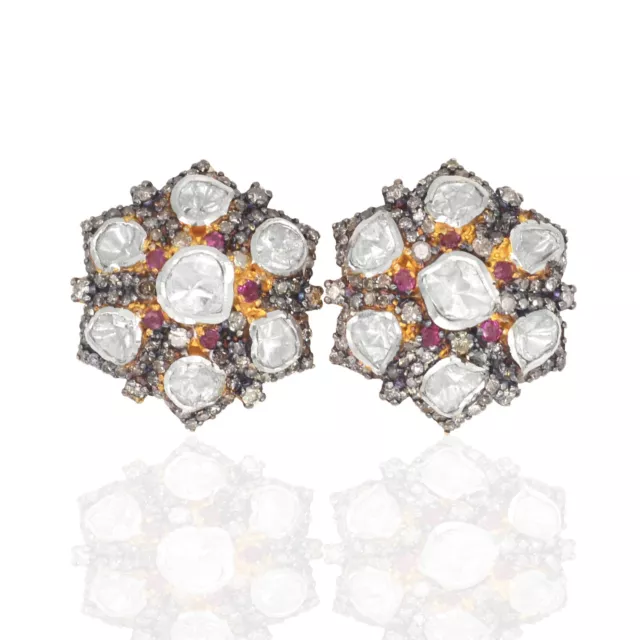 Rhodium 925 Sterling Silver Natural Diamond Ruby Polki Studs Tops Gold Plated