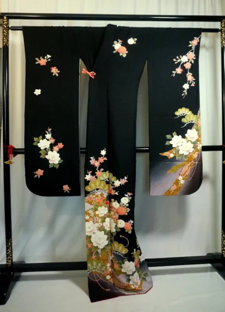 Japanese kimono SILK"FURISODE" long sleeves,Gld leaf,Foil, Plants ,L5'4"..3573 3