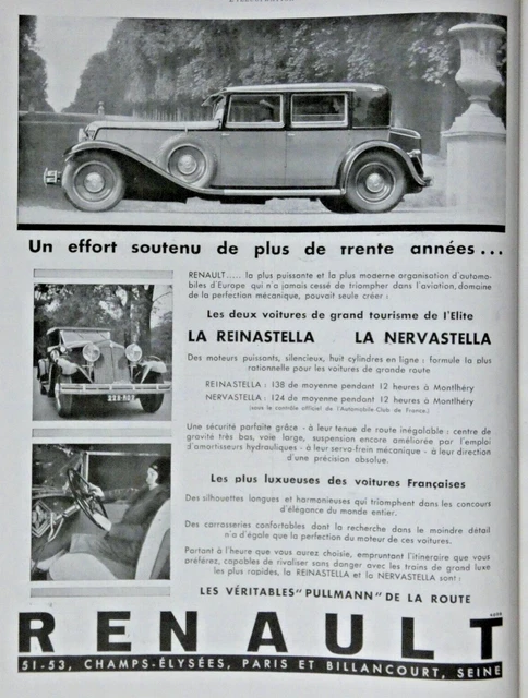 Publicité De Presse 1931 Automobiles Renault Reinastella Nervastella Pullmann
