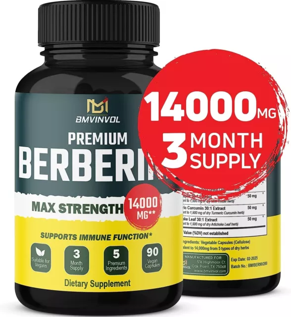 Berberine Supplement 14000Mg - 90 Capsules - 3 Month Supply Immune Heart Support