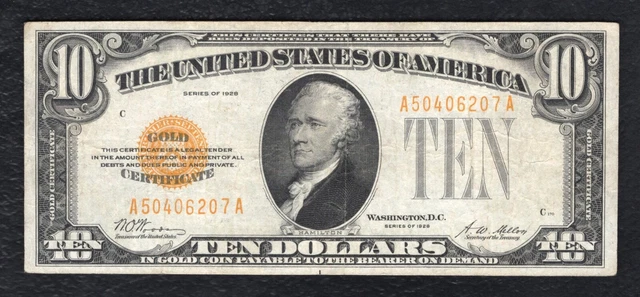 Fr. 2400 1928 $10 Ten Dollars Gold Certificate Currency Note Very Fine+