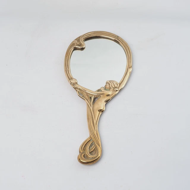 Vintage Art Nouveau Brass Vanity Hand Mirror