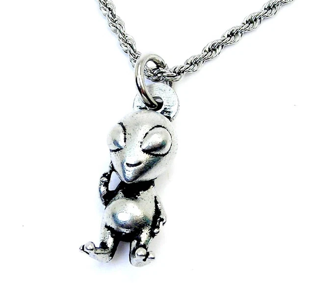 Alien grey man charm Necklace Pewter stainless steel chain