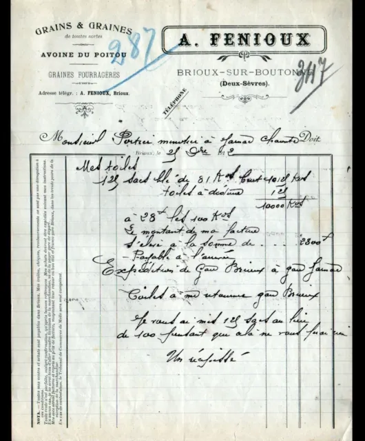 BRIOUX-sur-BOUTONNE (79) GRAINS & FARINES "A. FENIOUX" Facture en 1912