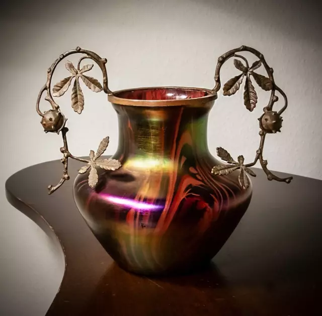 Rare Josef Rindskopf's Söhne Jugendstil-Vase Metallmontur, c. 1900 Kralik Lötz