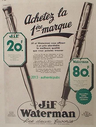 Publicite Waterman Jif Stylo Porte Plume 2 Favoris De 1935 French Ad Pen Pub