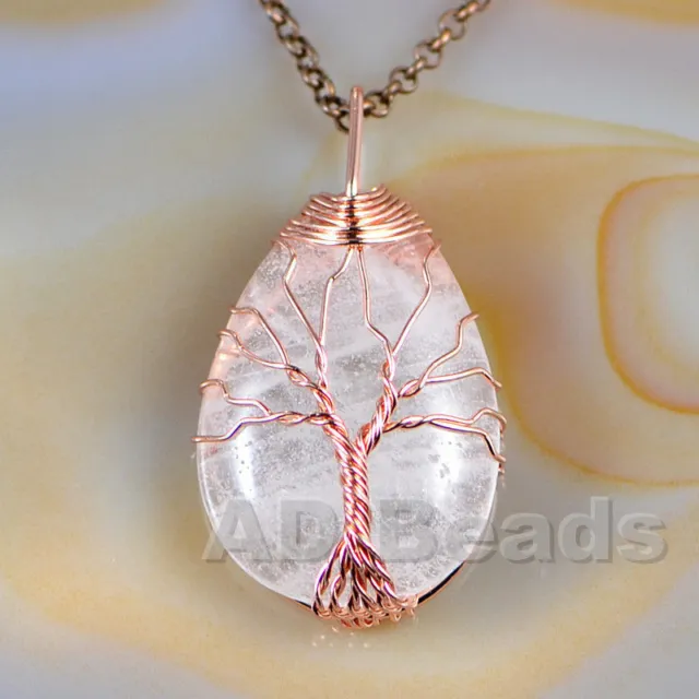 Silver & Rose Gold Plated Wire Wrap Tree of Life Natural Gemstone Reiki Pendant