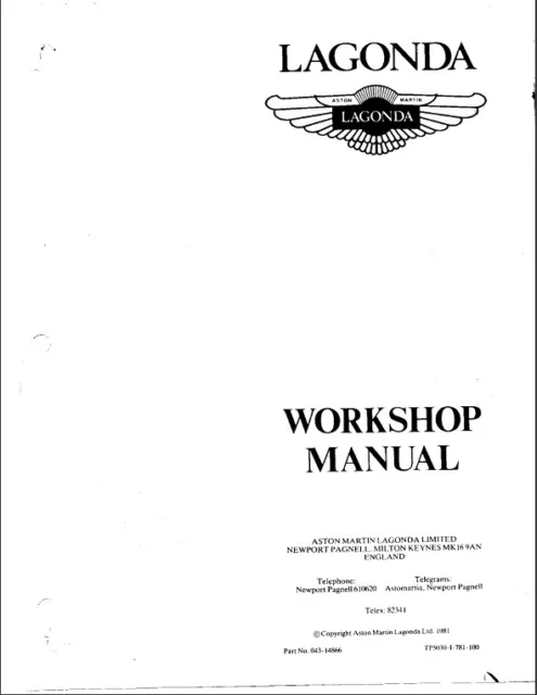 Aston Martin Lagonda Workshop Manual Reprinted A4 Comb Bound 209 Pages