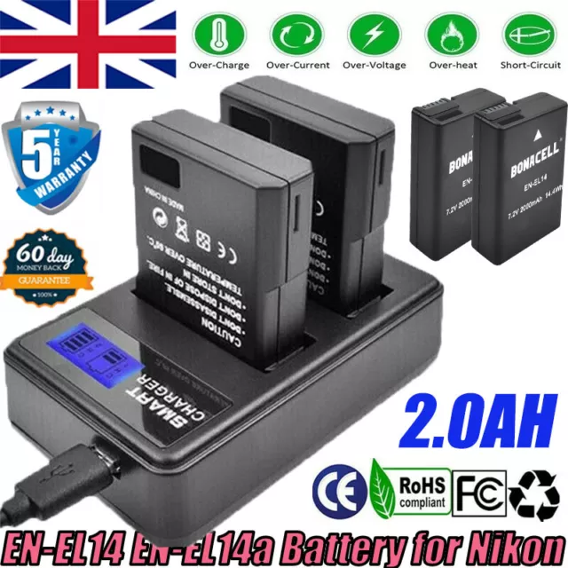 2000mAh EN-EL14 EN-EL14a Battery for Nikon D3100 D3200 D3300 D5500 D5100 D5300