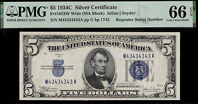 1934C $5.00 Silver M43434343A P.m.g #66Epq  "Super Repeater"