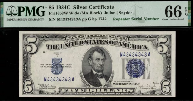 1934C $5.00 Silver M43434343A P.m.g #66Epq  "Super Repeater"