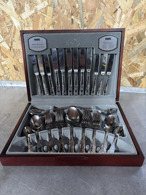VINERS KINGS ROYALE 44 PIECE SILVER PLATED CUTLERY SET in Wooden