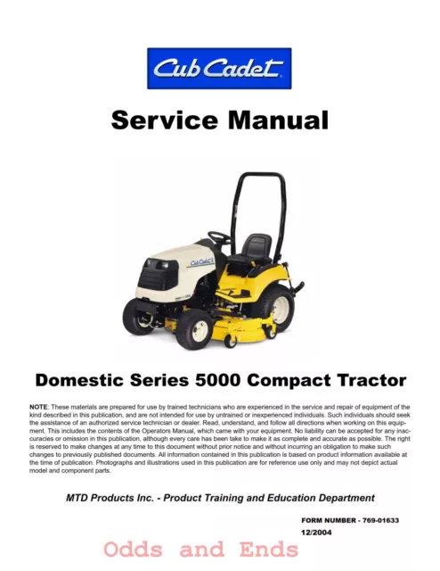 Cub Cadet Service Printed Paper Manual 5000 Series Compact Tractor Kohler engine