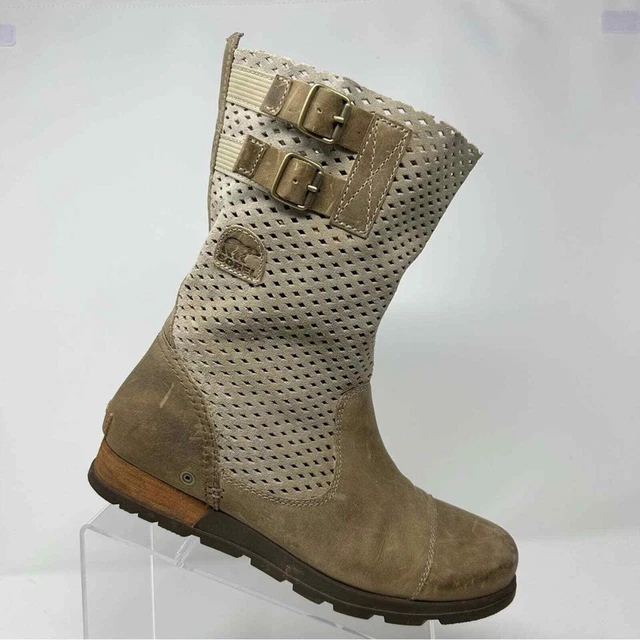 Sorel Major Perforated Leather Pull on Knee High Boots Taupe Brown Size 10.5