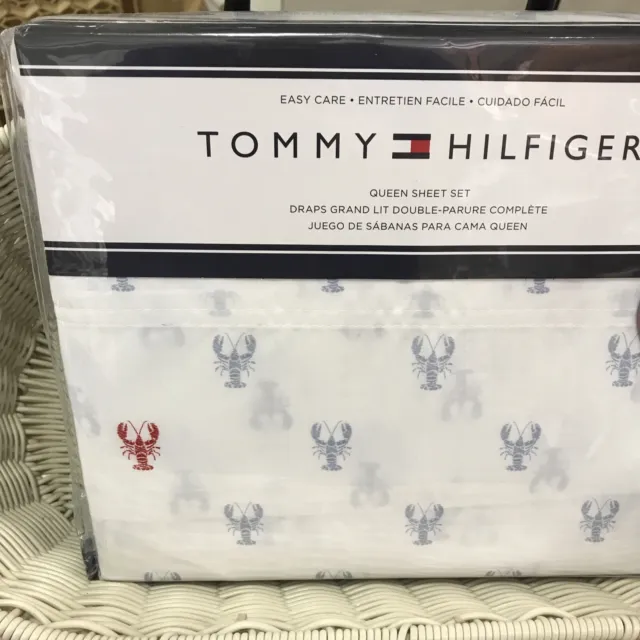 Tommy Hilfiger Lobster Grey Red White Queen Sheet Set 4 ~New~