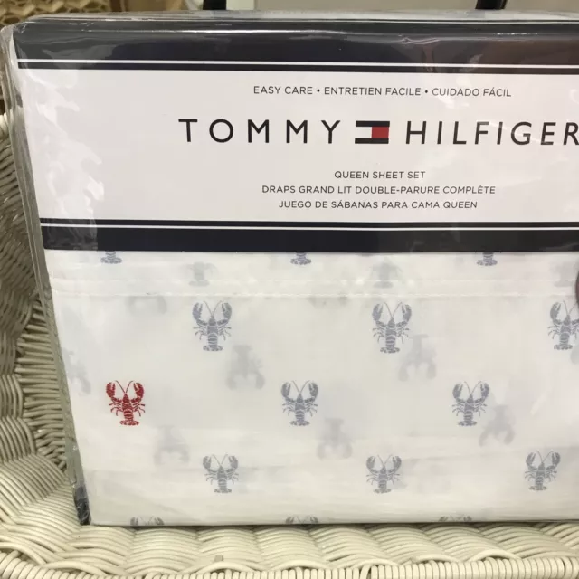 Tommy Hilfiger Lobster Grey Red White Queen Sheet Set 4 ~New~