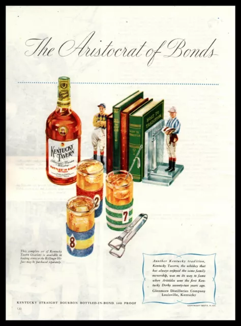 1947 Kentucky Tavern Bourbon Whiskey Horse Jockey Book Ends Vintage Print Ad