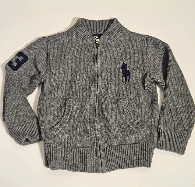 POLO Ralph Lauren Fullzip Sweater Boys 3T Gray Big Pony Cotton Jacket Jumper